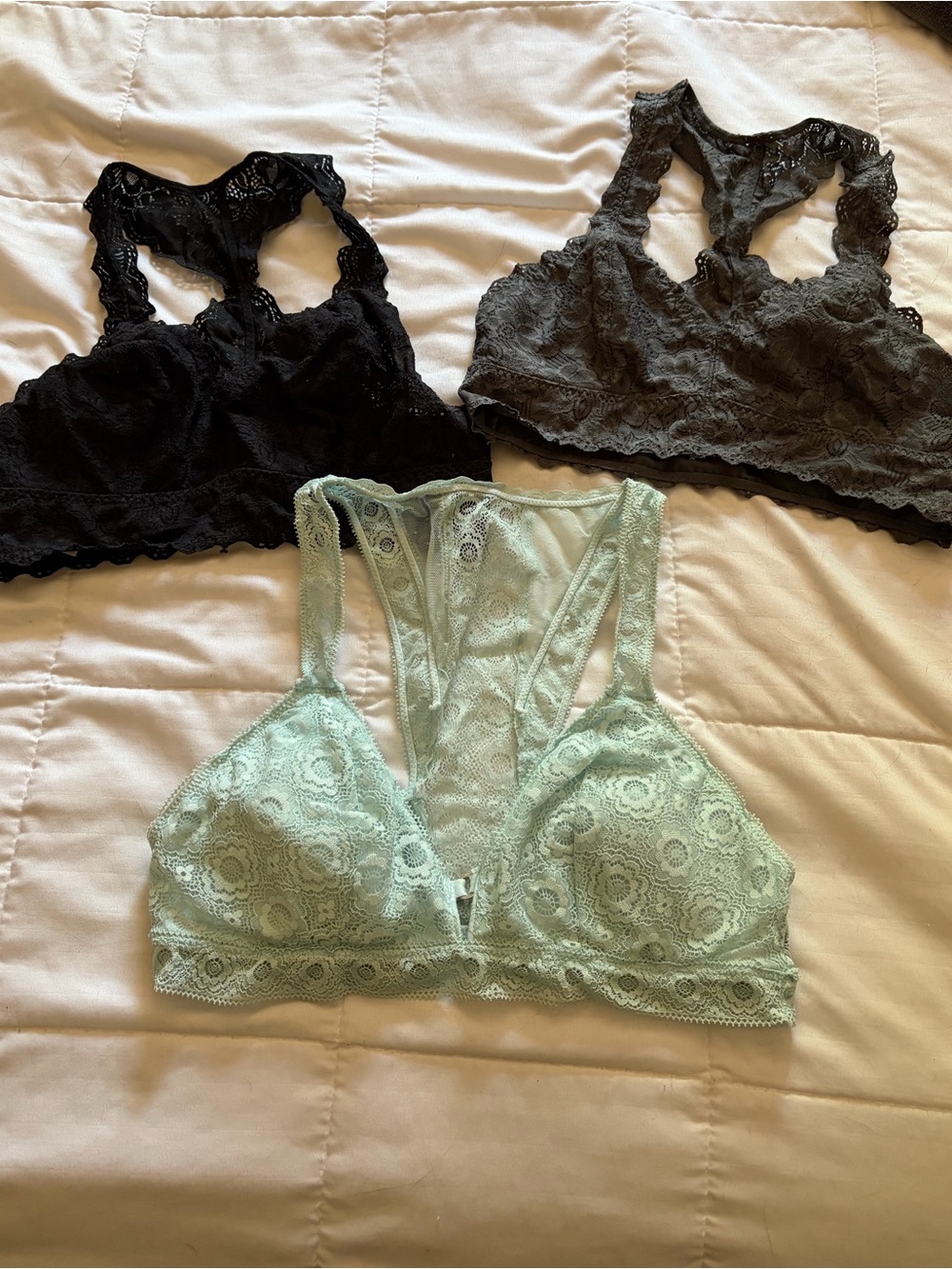 Lace Racerback Bralette Trio - Black, Gray, Blue